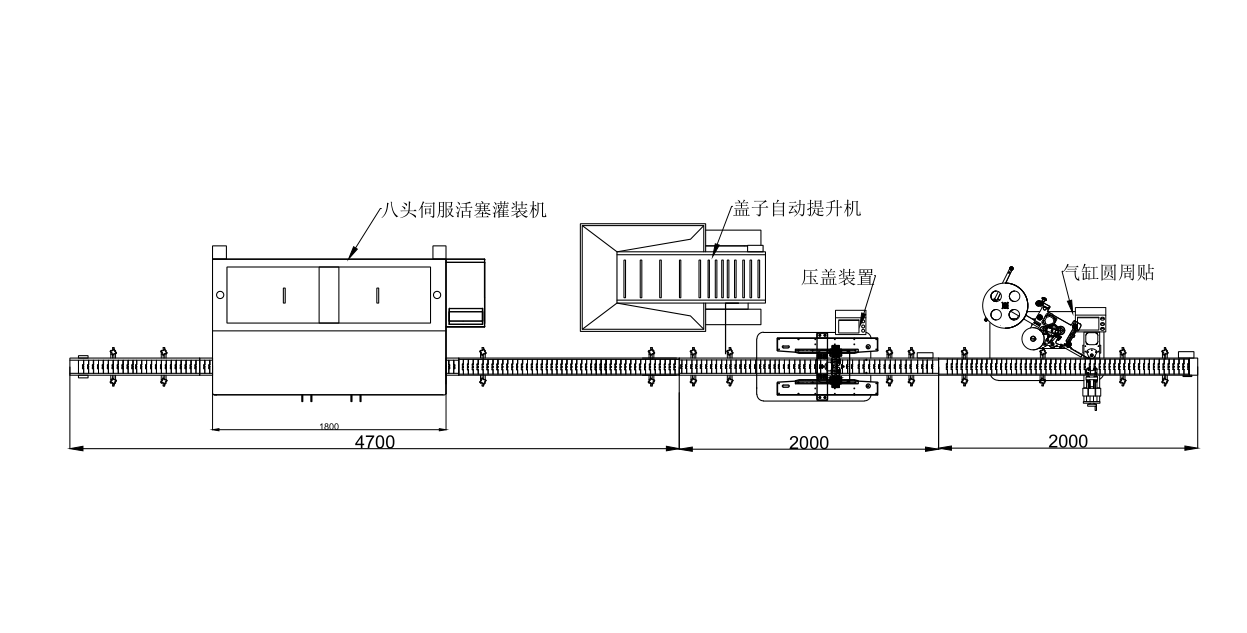八头伺服活塞灌装机生产线示意图 CAD平面图
