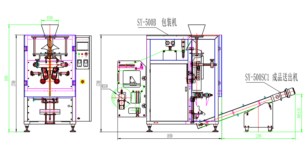 500型立式翻领包装机示意图 CAD平面图