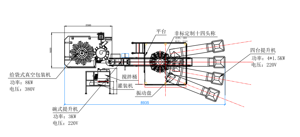 多种物料给袋式真空包装机生产线示意图 CAD平面图